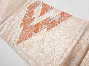 リサイクル　銀駒刺繍松皮菱に花々・雲・鳥模様名古屋帯